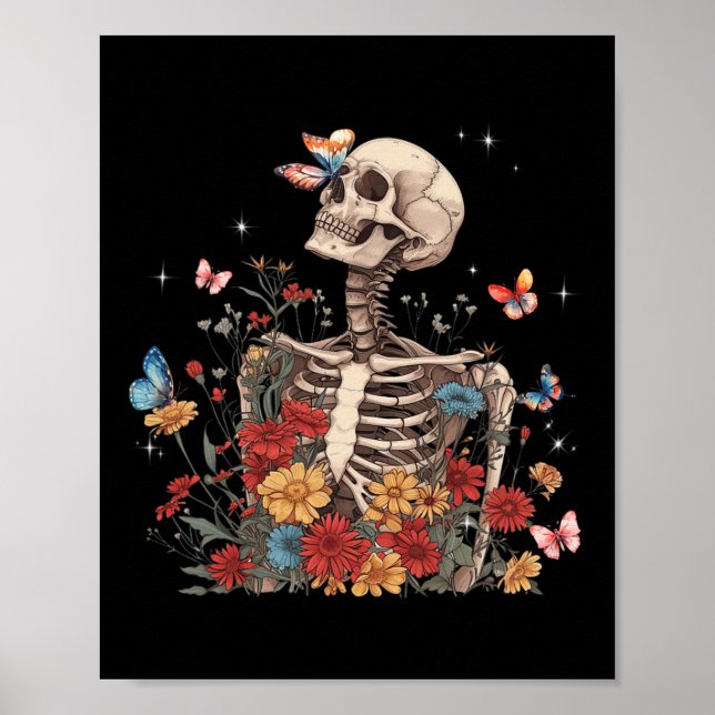Skeletts Blume Butterfly Floral Halloween Men Wo Poster (Vorne)
