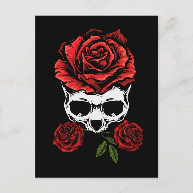 Skelettschädel mit Rose Romantischer Blumentod Postkarte (Vorderseite)