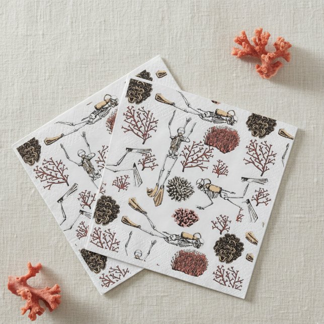 Skeletttauchbuch Serviette (White Skeleton Scuba Diver Underwater Pattern Paper Napkins for Halloween / Dia de los Muertos Party)