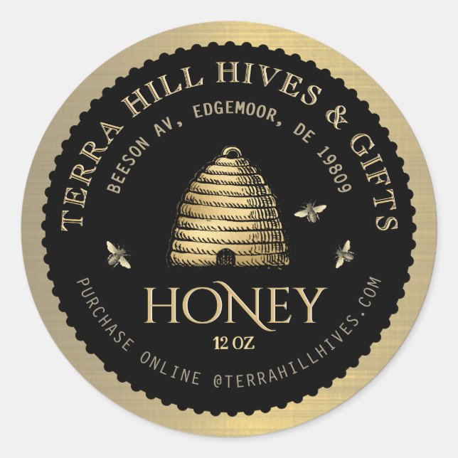 Skep mit Bienen auf dem Black and Gold Honey Label Runder Aufkleber (Vorderseite)