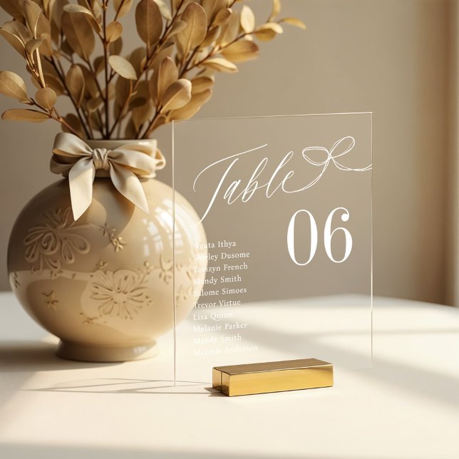 Sketch Bow Script Guest Names Sitzende Tischnummer Acrylschild (Sketch Bow Script Guest Names Seating Table Number Acrylic Sign)