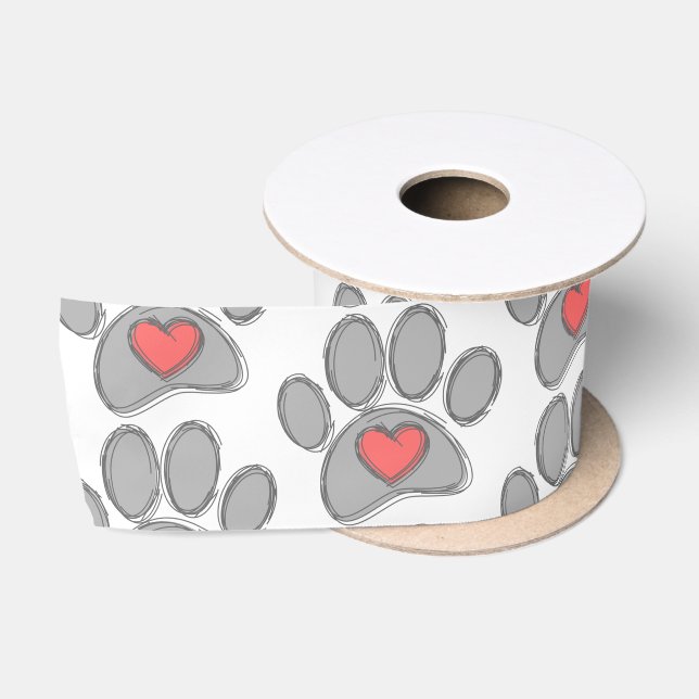 Sketch Dog Paw Rotes Herz Kunst Satinband (Spule)