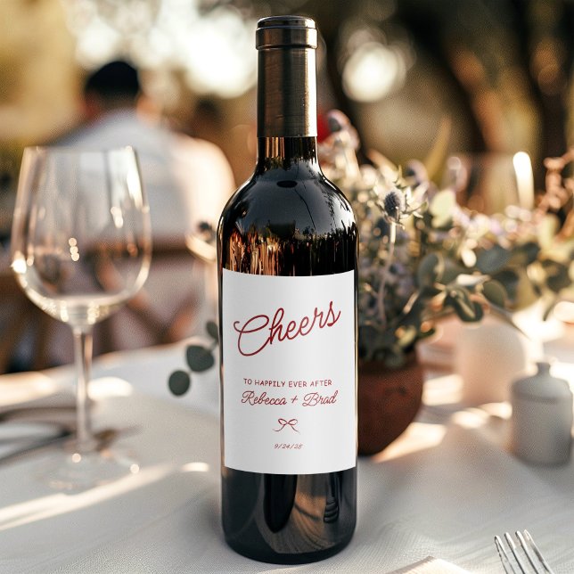 Sketch-Hochzeit von Rot und Weiß Weinetikett (Red & White Hand Drawn Bow Sketch Wedding Wine Label)