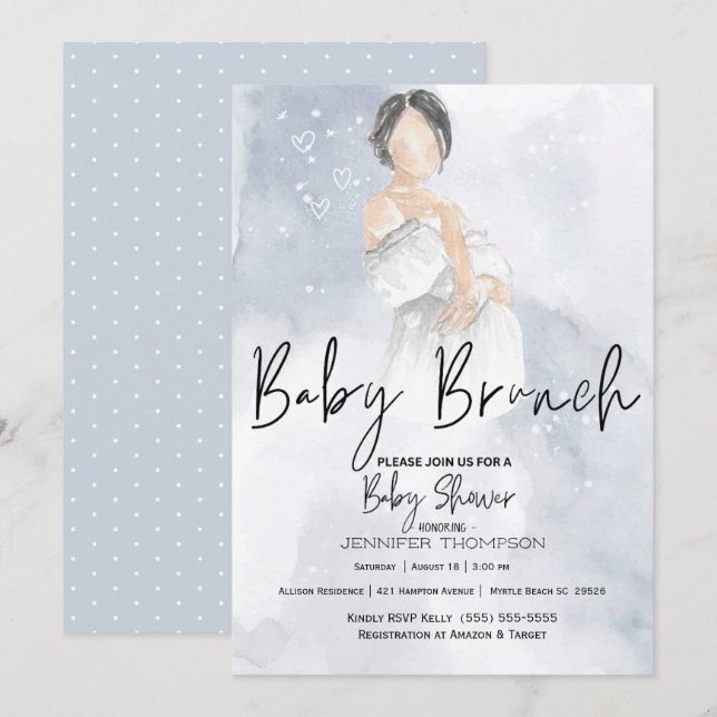 Sketch Mama Baby Brunch Blue Baby Dusche Einladung (Vorne/Hinten)