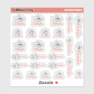 Sketch-Peonies-Individuelle Name-Labels Schule Aufkleber