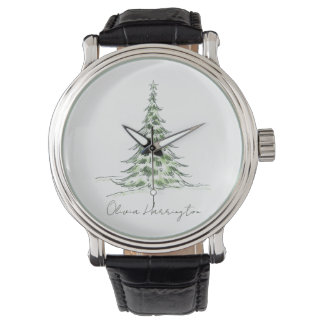 Sketch Pine Christmas Tree Minimaler Skriptname Armbanduhr