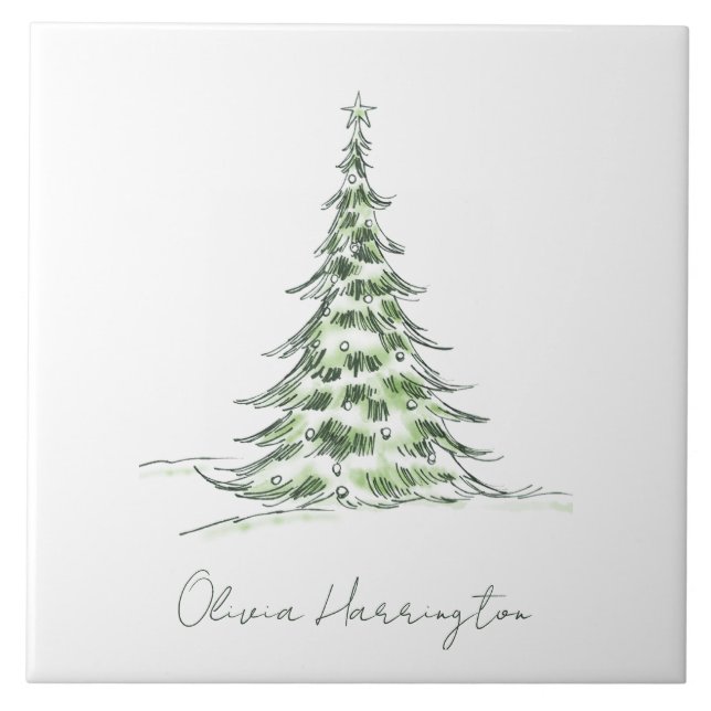 Sketch Pine Christmas Tree Minimaler Skriptname Fliese (Vorderseite)