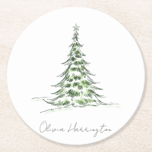 Sketch Pine Christmas Tree Minimaler Skriptname Runder Pappuntersetzer (Vorderseite)