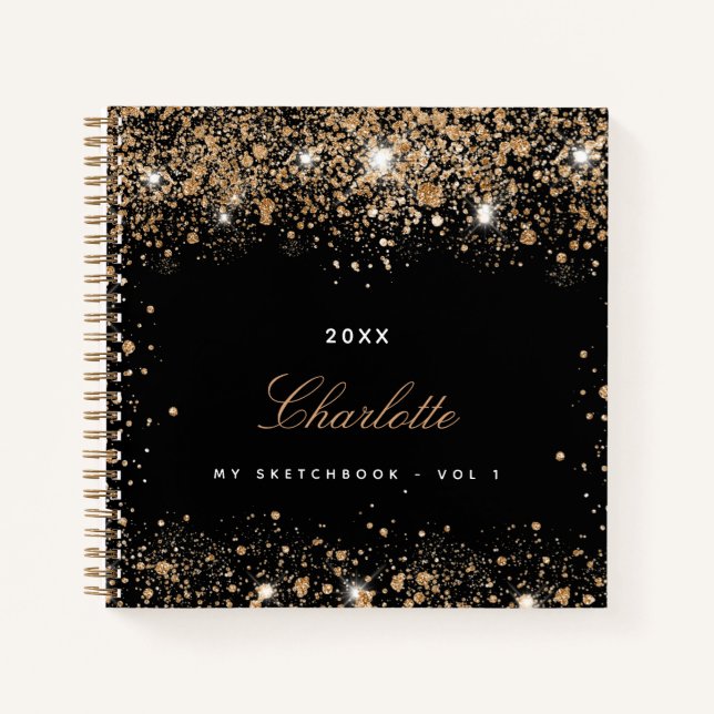 Sketchbook Black Gold Glitzer Namenskript Notizbuch (Vorderseite)