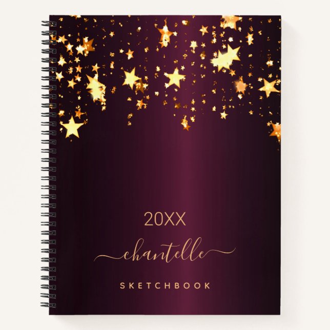 Sketchbook bordeauxrot goldene Sterne Monogrammnam Notizbuch (Vorderseite)