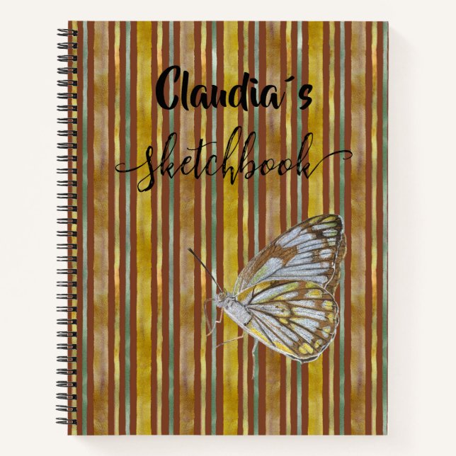 Sketchbook butterfly on brown stripes add name notizbuch (Vorderseite)