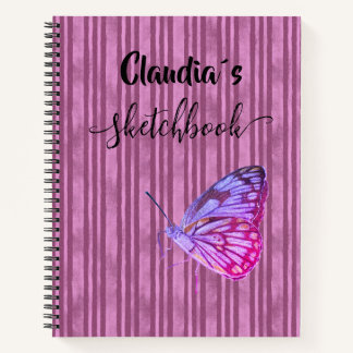 Sketchbook butterfly on pink stripes add name notizbuch