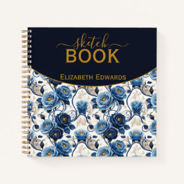 Sketchbook Elegante Rosas Azules y Oro Personaliza Notizbuch