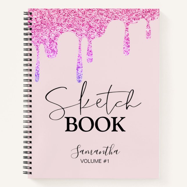 Sketchbook Pink Glitzer Tropfen School Your Name Notizbuch (Vorderseite)