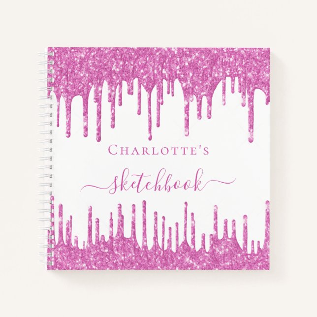 Sketchbook Rosa Glitzer Tropfen Name Girl Notizbuch (Vorderseite)