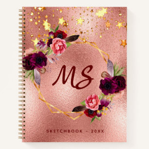 Sketchbook Rose Gold Blume Bordeaux Monogramm Notizbuch