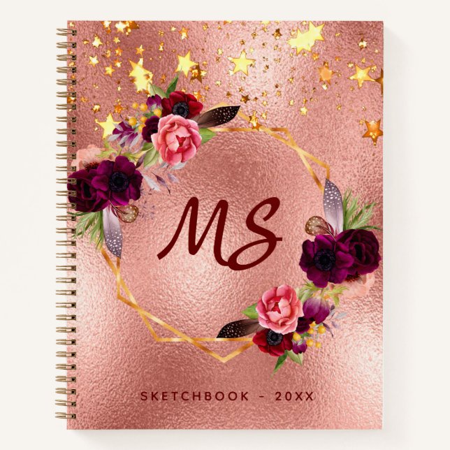 Sketchbook Rose Gold Blume Bordeaux Monogramm Notizbuch (Vorderseite)