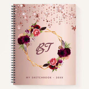 Sketchbook Rose Gold Blume Bordeaux Monogramm Notizbuch