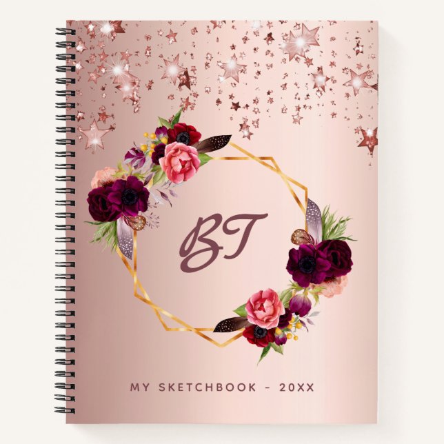 Sketchbook Rose Gold Blume Bordeaux Monogramm Notizbuch (Vorderseite)