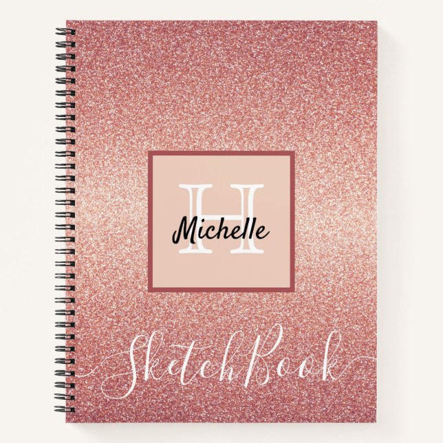 Sketchbook Rose Gold Glitzer Monogramm Notizbuch (Vorderseite)
