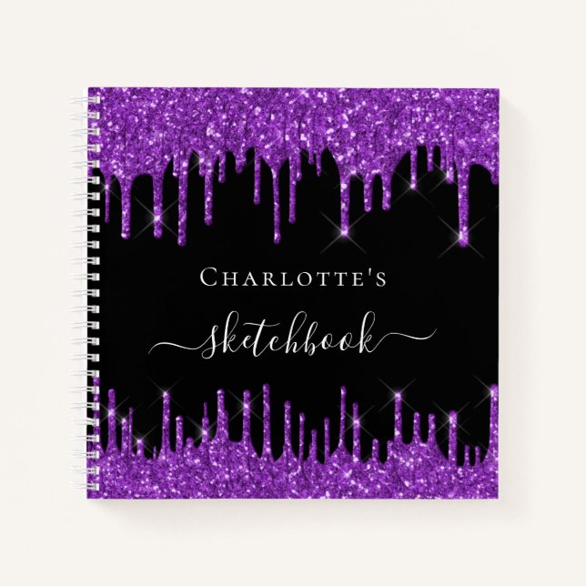 Sketchbook Schwarzer lila Glitzer Tropfen Namenskr Notizbuch (Vorderseite)