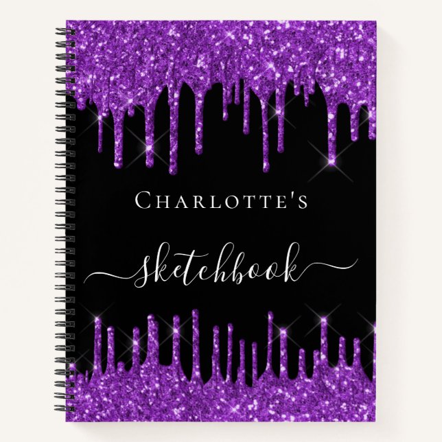 Sketchbook Schwarzer lila Glitzer Tropfen Namenskr Notizbuch (Vorderseite)