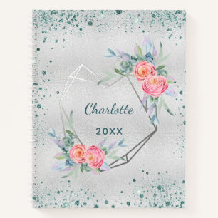 Sketchbook silver florals green glitter dust name notizbuch