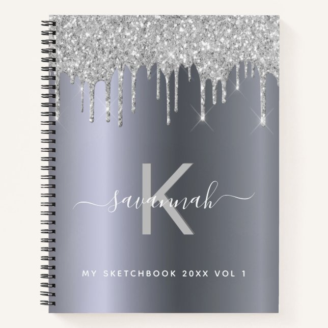 Sketchbook Silver Glitzer Monogram elegant modern Notizbuch (Vorderseite)
