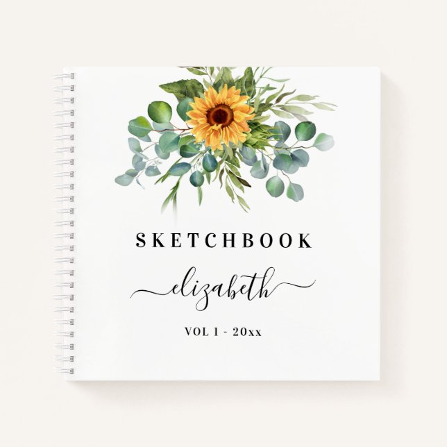 Sketchbook Sonnenblumen Eukalyptus-Grünschrift Notizbuch (Vorderseite)