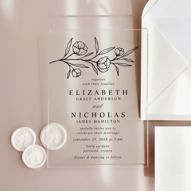 Sketched Black Floral Wedding Acryleinladungen (Von Creator hochgeladen)