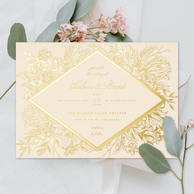 Sketched Floral Diamond Romantic Garden Champagne Folieneinladung (Von Creator hochgeladen)