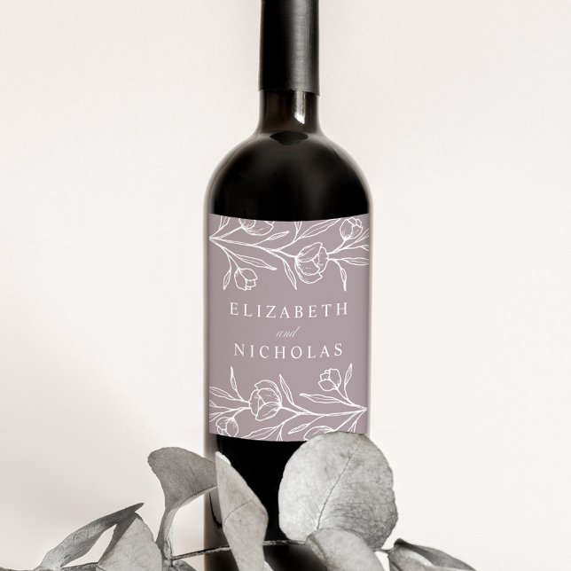 Sketched Floral Dusty Lila Wedding Weinetikett (Von Creator hochgeladen)