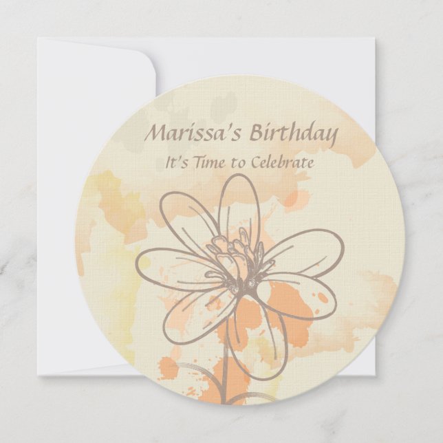 Sketched Floral on Watercolor Splats Birthday Einladung (Vorderseite)