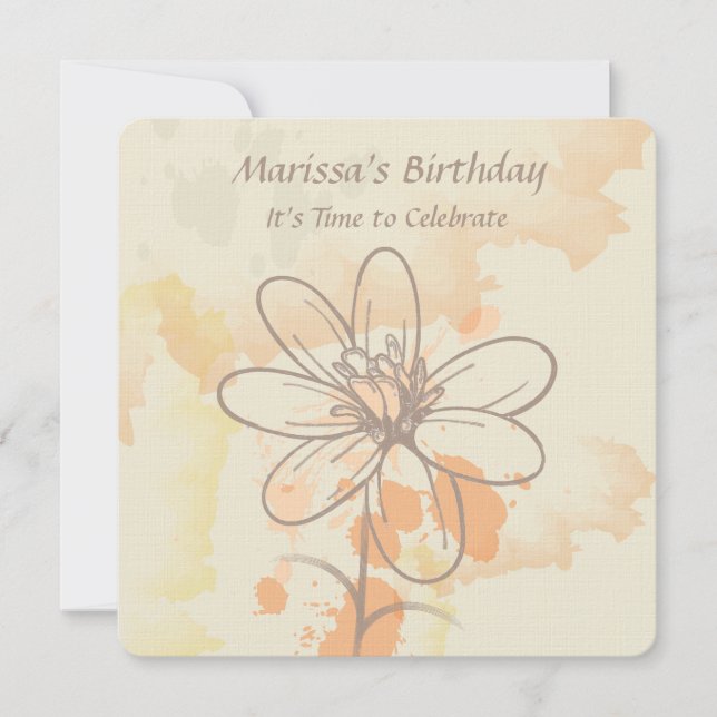 Sketched Floral on Watercolor Splats Birthday Einladung (Vorderseite)