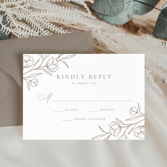 Sketched Floral Taupe Wedding RSVP Karte (Von Creator hochgeladen)