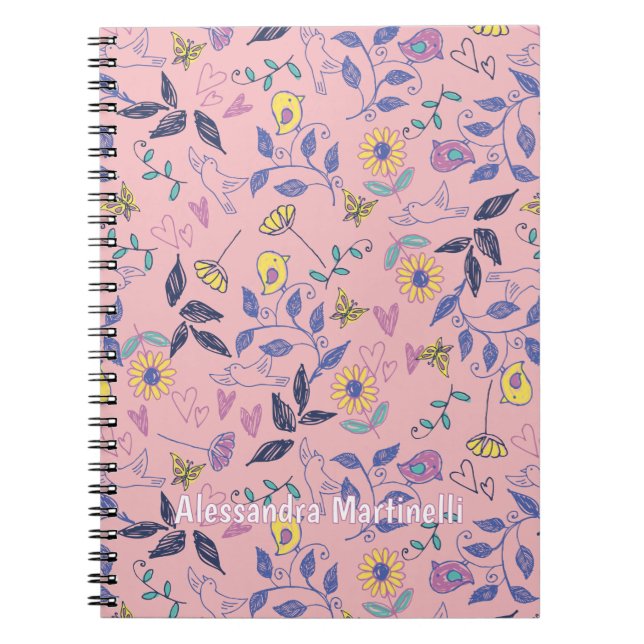 Sketchy Blume Herz Birds Reben Rosa Notizblock (Vorderseite)