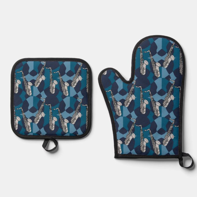 Sketchy Saxophon Gray Pattern Ofenhandschuh & Topflappen-Set (Vorderseite)