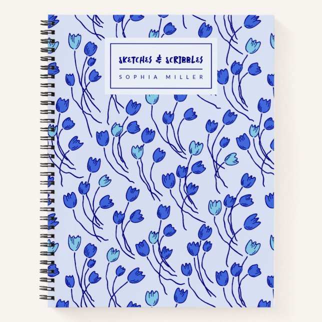 Sketchy Tulips Hand Drawn Floral | Blue Delft Notizbuch (Vorderseite)