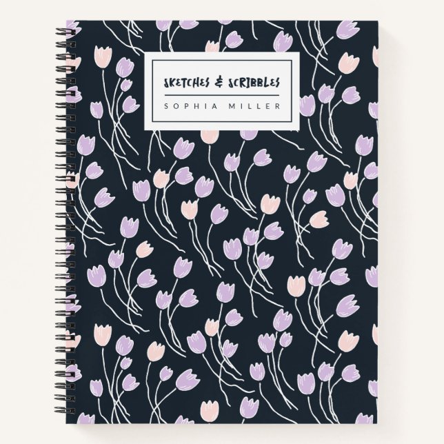 Sketchy Tulips Hand Drawn Floral | Midnight Garden Notizbuch (Vorderseite)