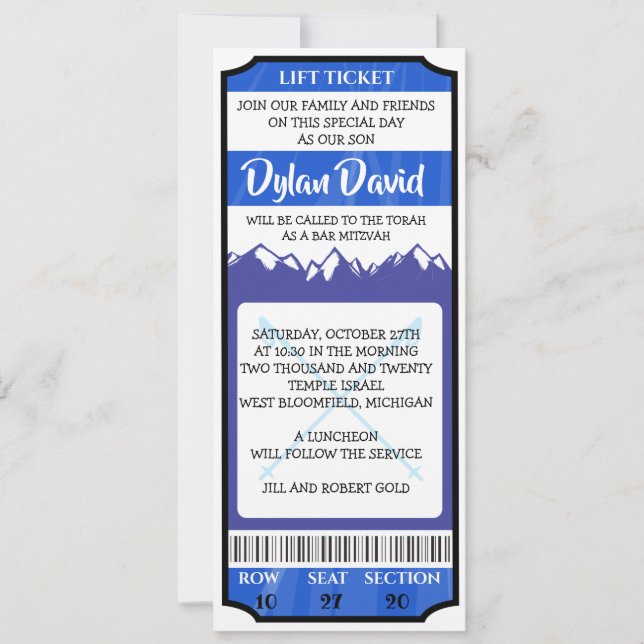 SKI-AUFZUG-KARTE Bar-Schläger Mitzvah Einladung (Vorderseite)