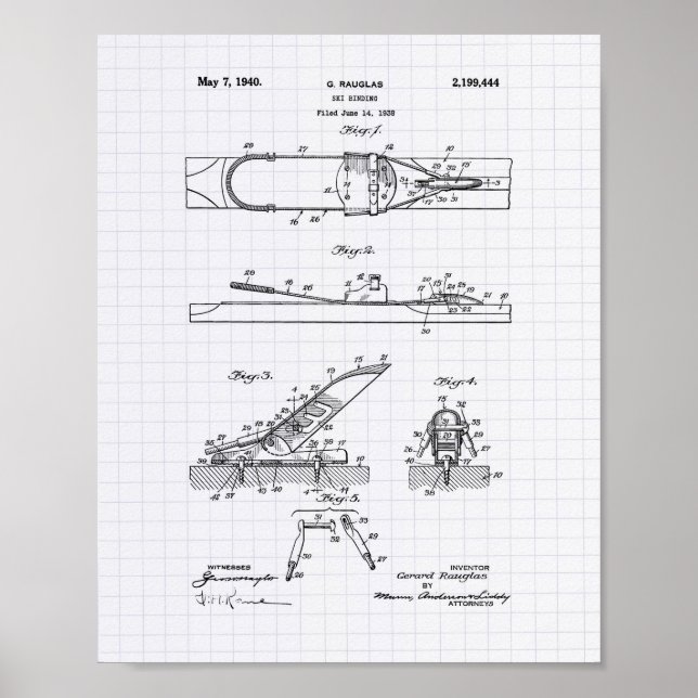 Ski Binding 1940 Patent Art - Lined Peper Poster (Vorne)