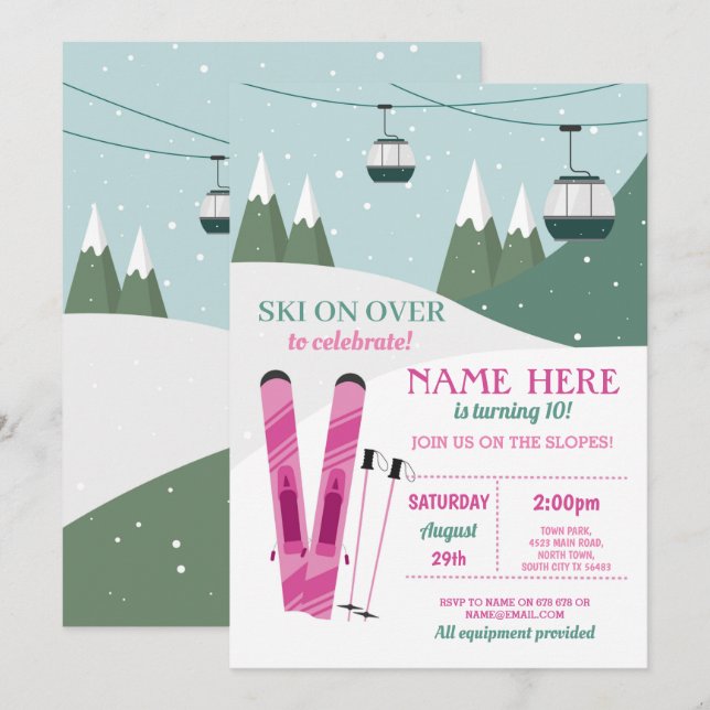 Ski Birthday Girls Skipisten Snowboard Schnee Einladung (Vorne/Hinten)