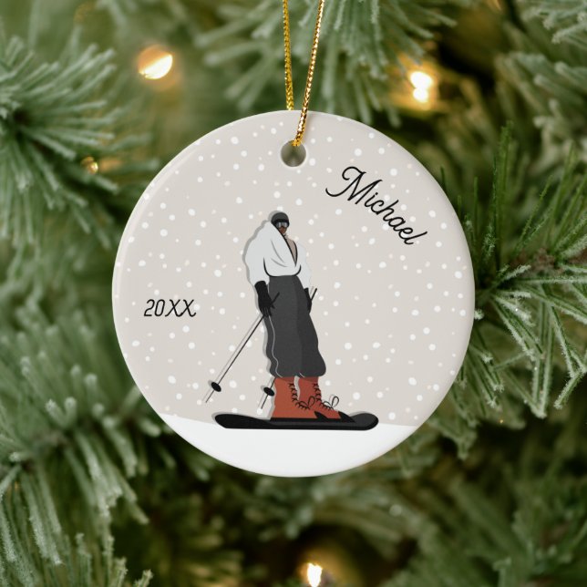 Ski Boy Silhouette Winter Kindername & Jahr Keramik Ornament (Baum)