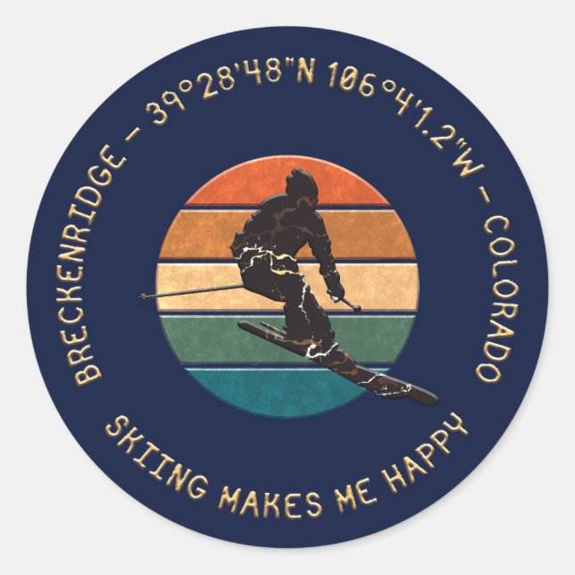 Ski Breckenridge, Colorado - Man Skier Golden Text Runder Aufkleber (Vorderseite)