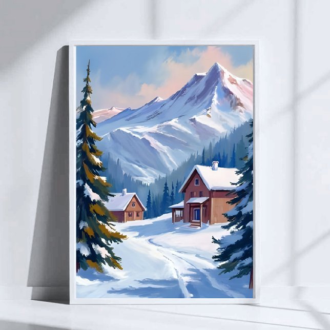 Ski Cabin Mountain Landscape Watercolor Winter Poster (Von Creator hochgeladen)