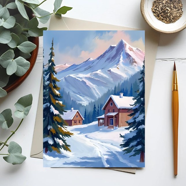 Ski Cabin Mountain Landscape Watercolor Winter Postkarte (Von Creator hochgeladen)