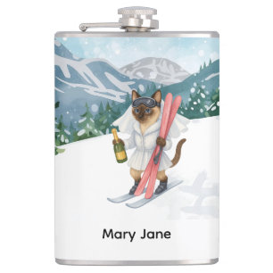 Ski Cat fährt im rosa Junggeselinnen-Abschied Ski Flachmann