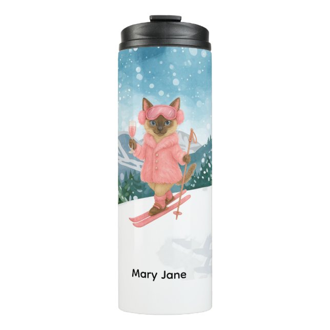 Ski Cat fährt im rosa Junggeselinnen-Abschied Ski Thermosbecher (Vorderseite)