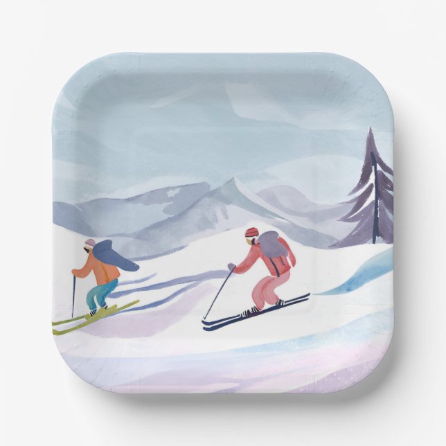 Ski Day | Watercolor Winter Mountain Pappteller (Vorderseite)