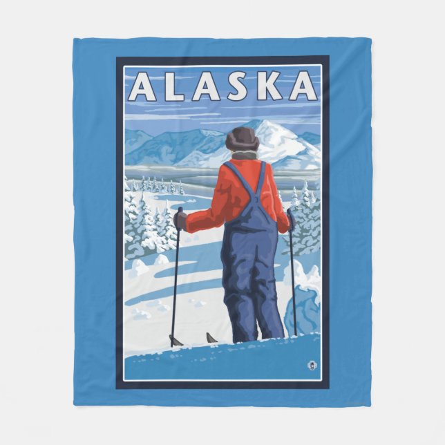 Ski fahren im Vintagen Reise-Plakat Alaskas Fleecedecke (Vorderseite)